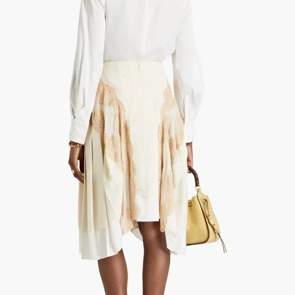Chloé Silk Chiffon Lace Trim Pleated Midi Skirt – NWT, Size FR 38 Ivory - Picture 4 of 16